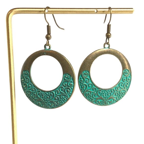 Vintage Style Brass & Turquoise Open Circle Dangle Earrings With Intricate Desig - Picture 2 of 4